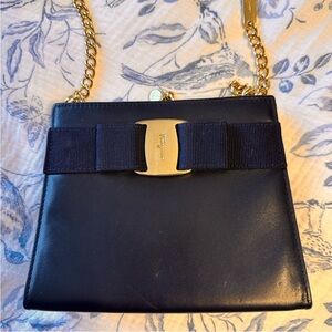 Salvatore Ferragamo Mini Midnight Blue Shoulder Bag with Gold Chain